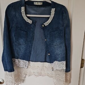 Lazy Oaf Denim Jacket with Pearl and Lace Accents
